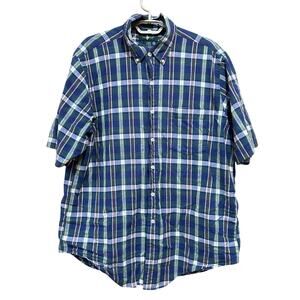 Hunt Club Shirt Men Size L Blue Green White Plaid Button Up Short Sleeve Preppy